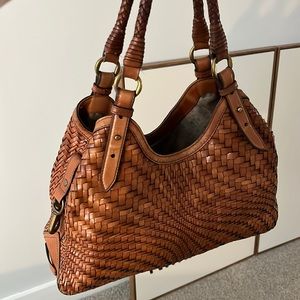 VINTAGE! COLE HAAN Genevieve Woven COGNAC Triangle Hobo Large Shoulder Handbag